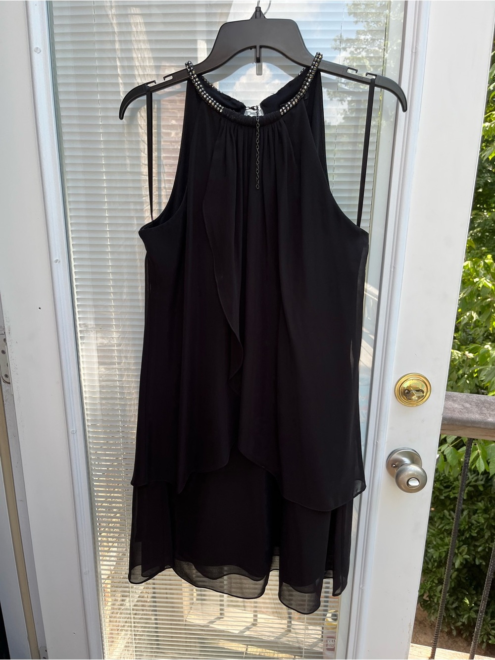 SLNY Black Beaded Halter High-Low Dress